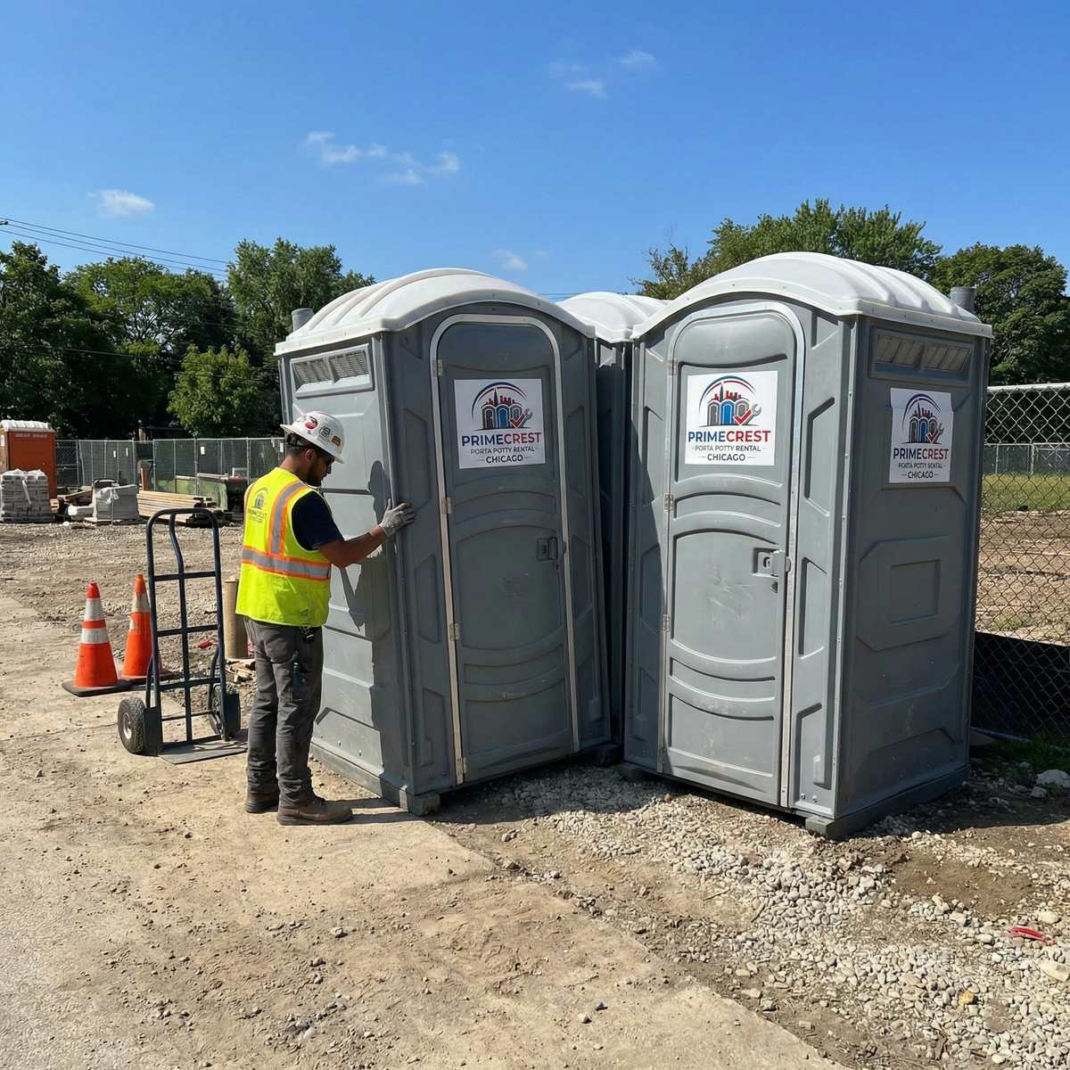 Worker servicing portable toilets at construction site